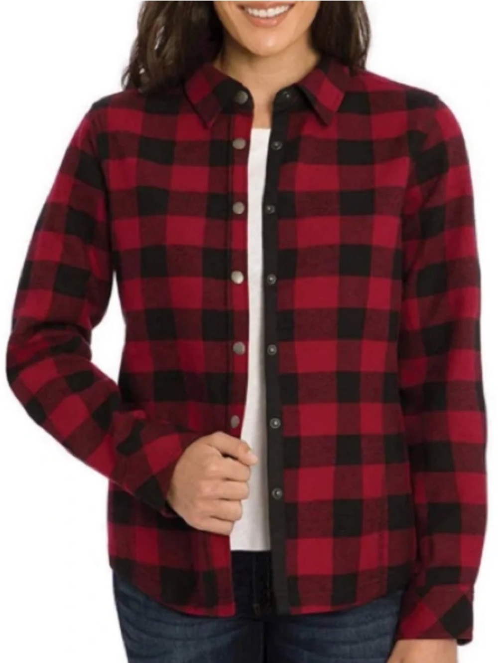 Orvis | Womens Red/Black Buffalo Plaid Flannel Snap Front Fleece Lined Shacket L